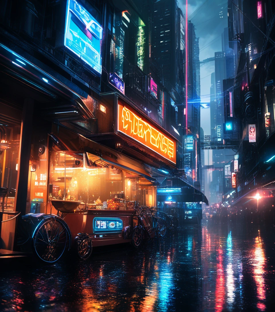 Caffè in vicolo cyberpunk illuminato al neon sotto la pioggia