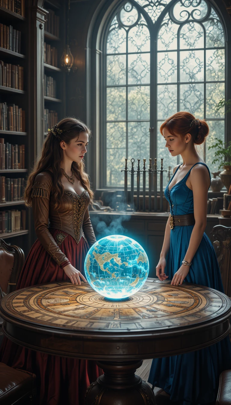 Duas mulheres steampunk estudando um mapa holográfico na biblioteca