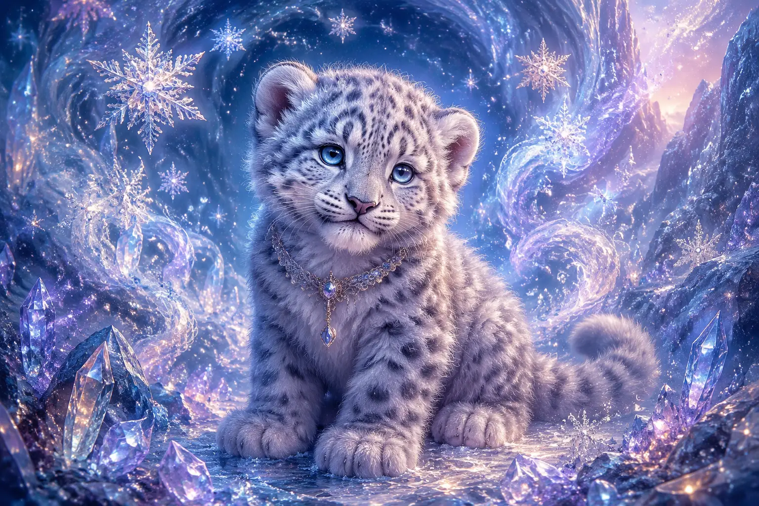 Enchanted baby snow leopard cub in glowing snowflakes