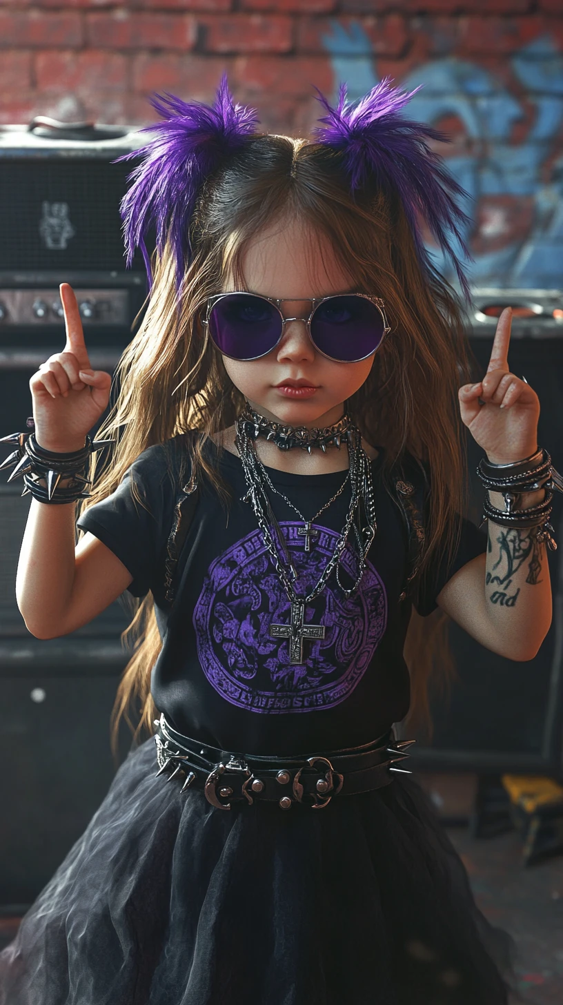 Giovane ragazza ribelle in outfit rock con ali viola