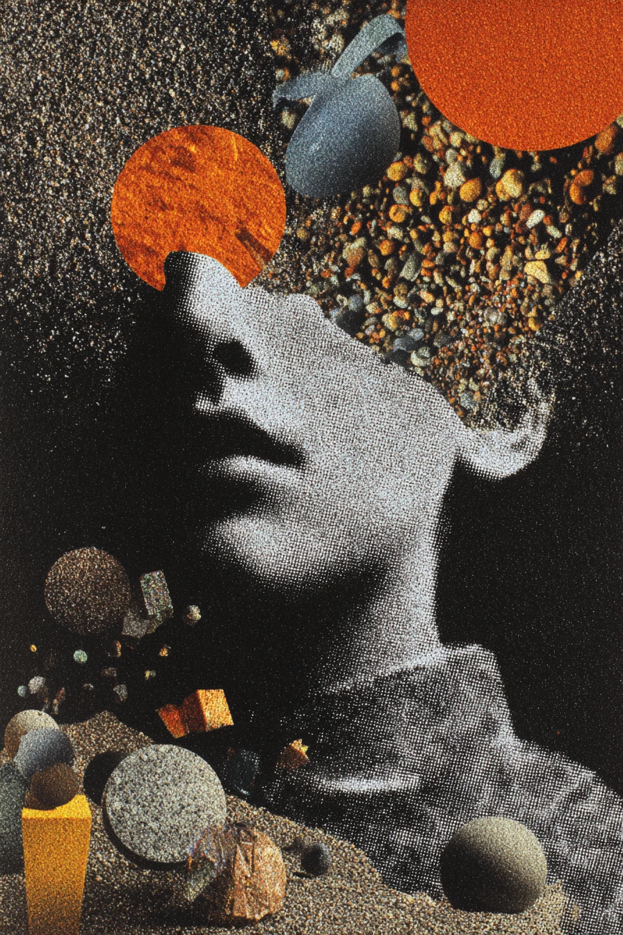 Collage vintage surréaliste et sombre avec design minimaliste et onirique