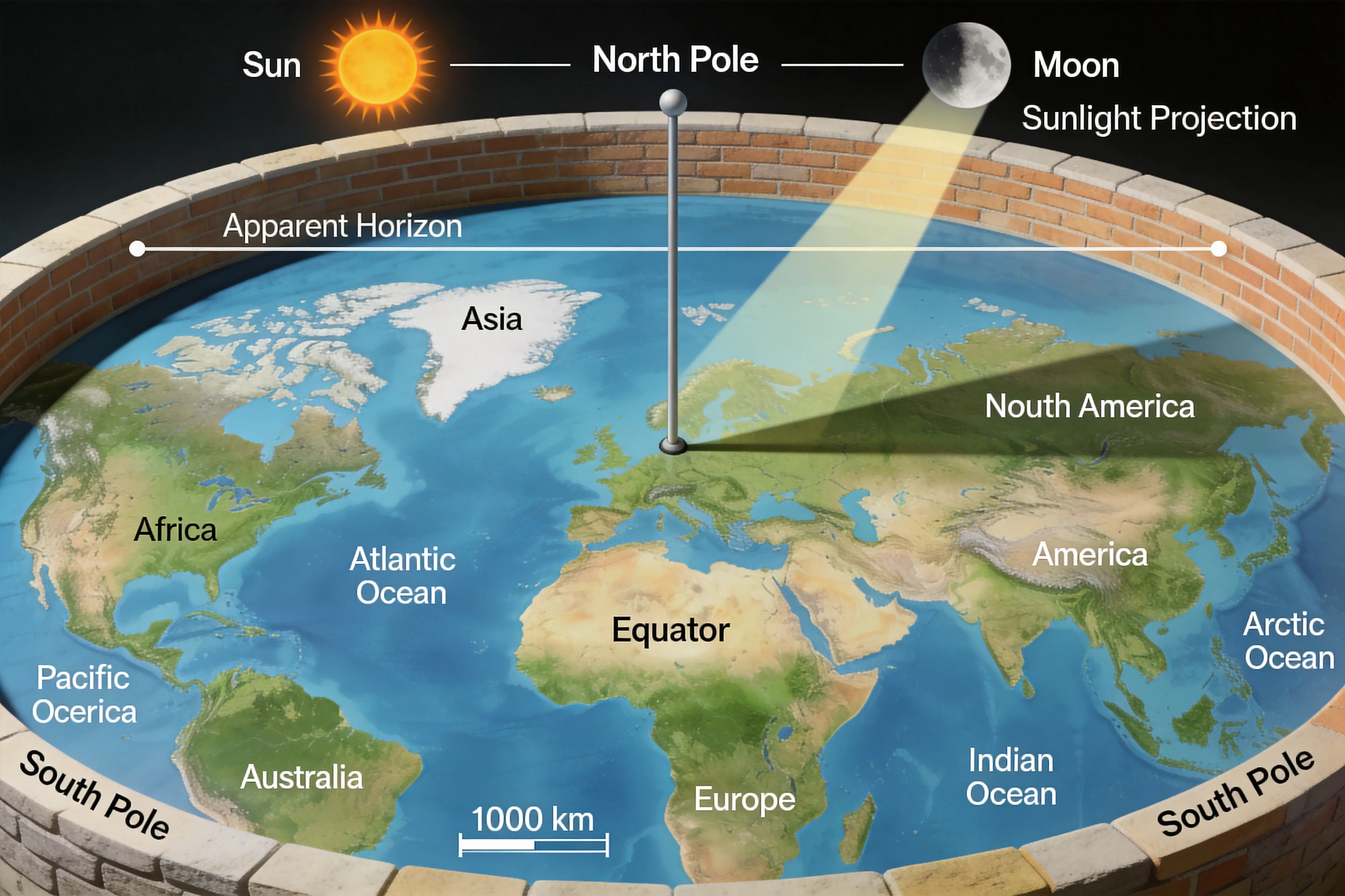 Diagrama detallado en estilo científico de un concepto de Tierra plana