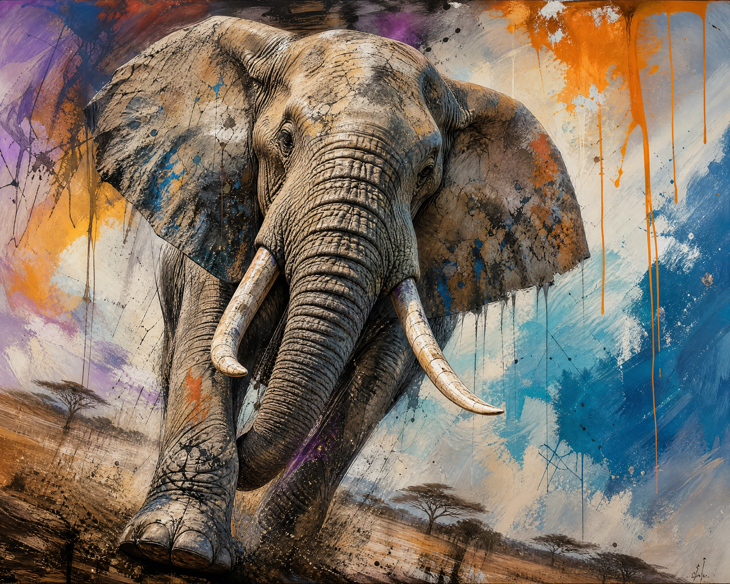 Pintura digital expressiva em ângulo baixo de um elefante majestoso