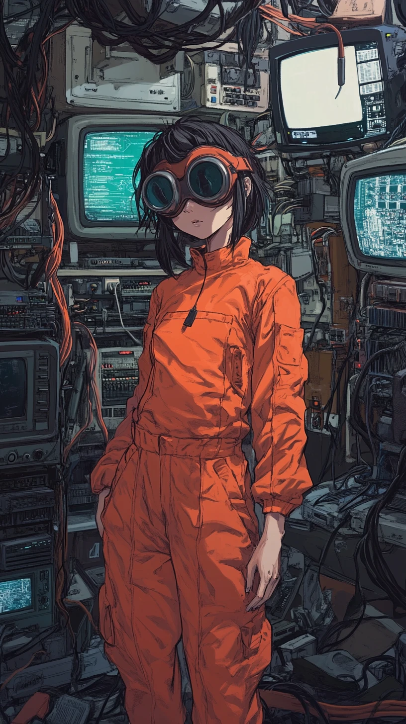 Fille ingénieure d’anime en combinaison orange dans un labo de techno rétro
