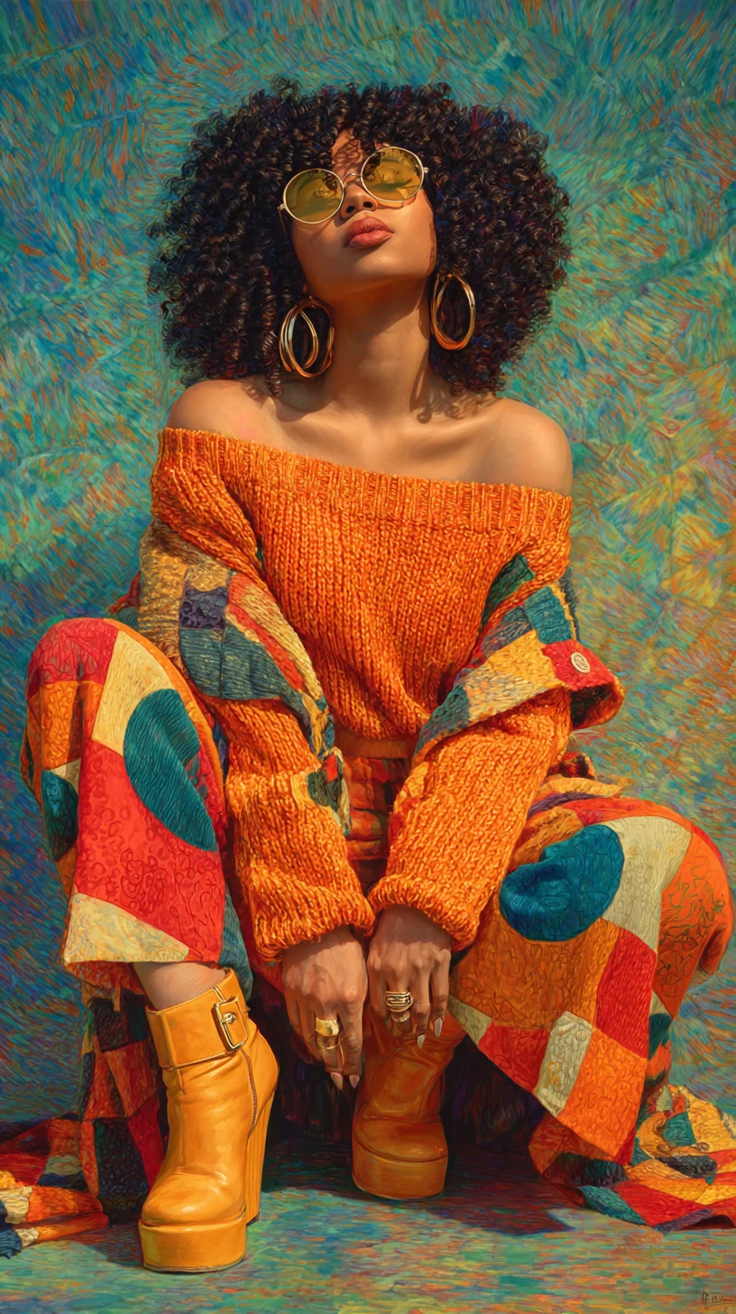 Giovane donna con capelli afro in un colorato outfit patchwork