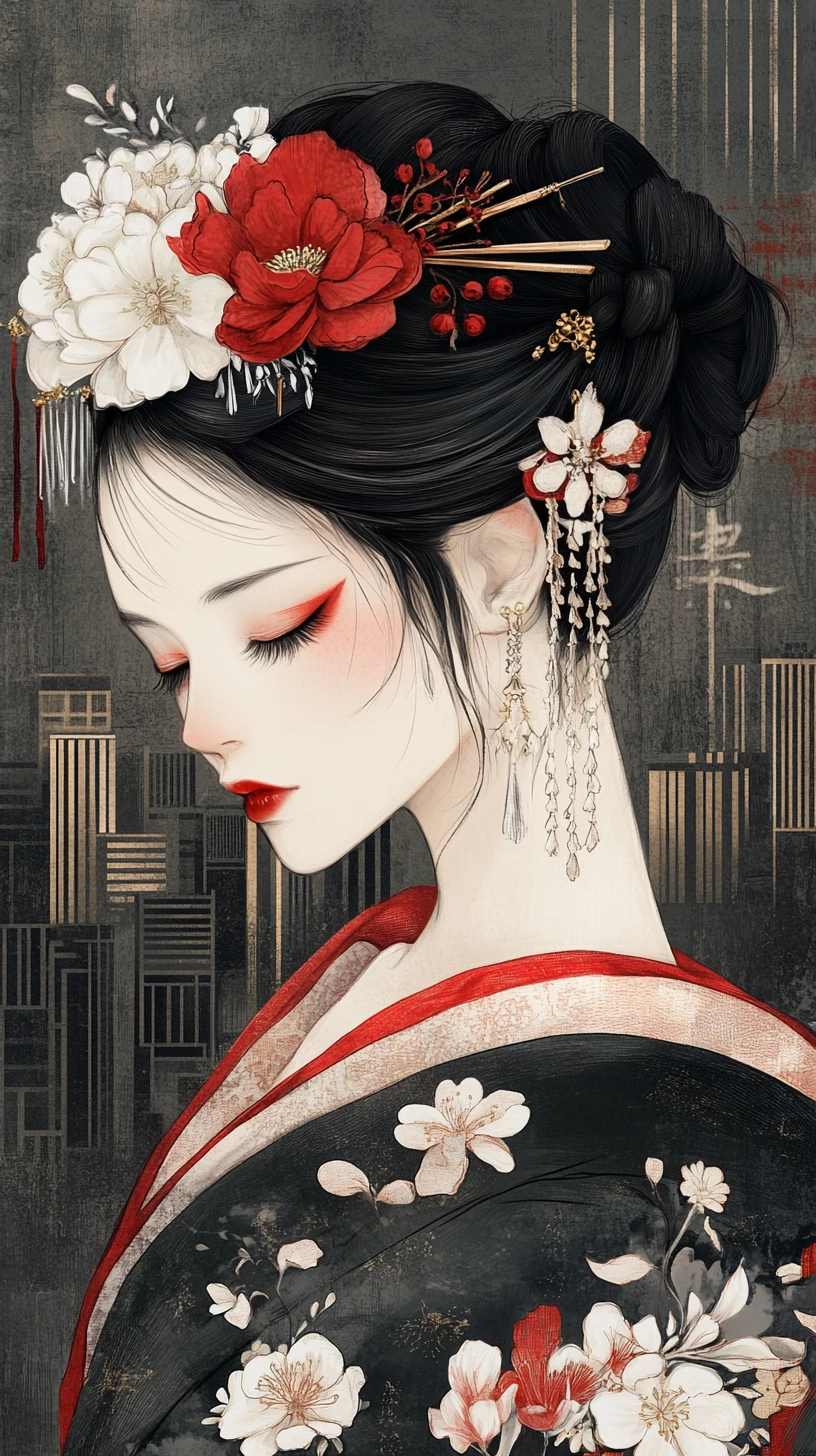 Mulher japonesa de quimono com enfeites florais no cabelo