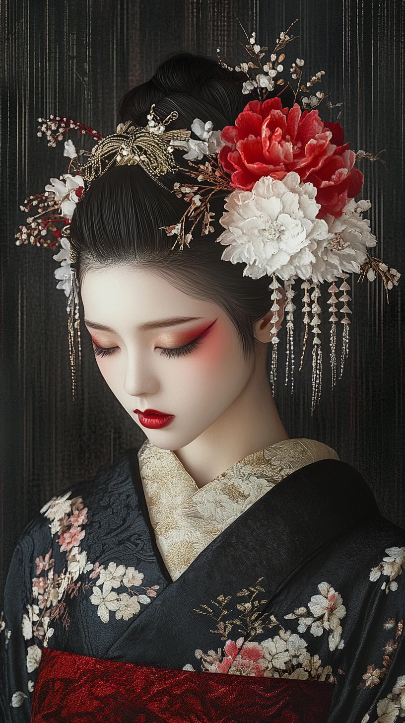Mulher japonesa de quimono com presilhas florais e maquiagem vermelha