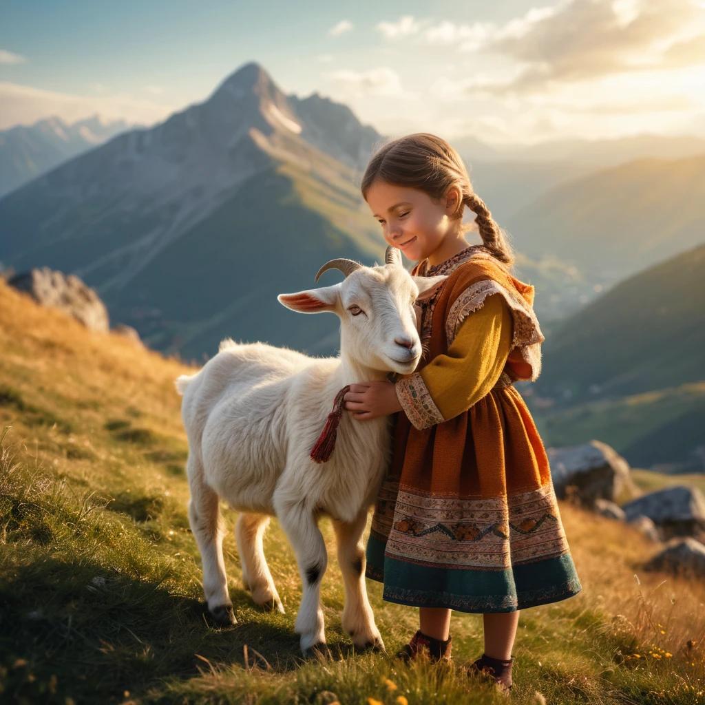 Bambina che abbraccia una capra su un soleggiato pendio di montagna