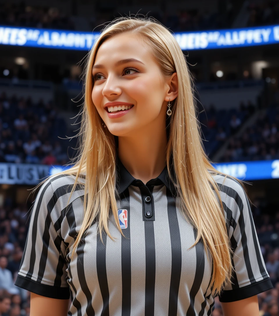 NBA 농구 코트에서 미소 짓는 젊은 여성 심판