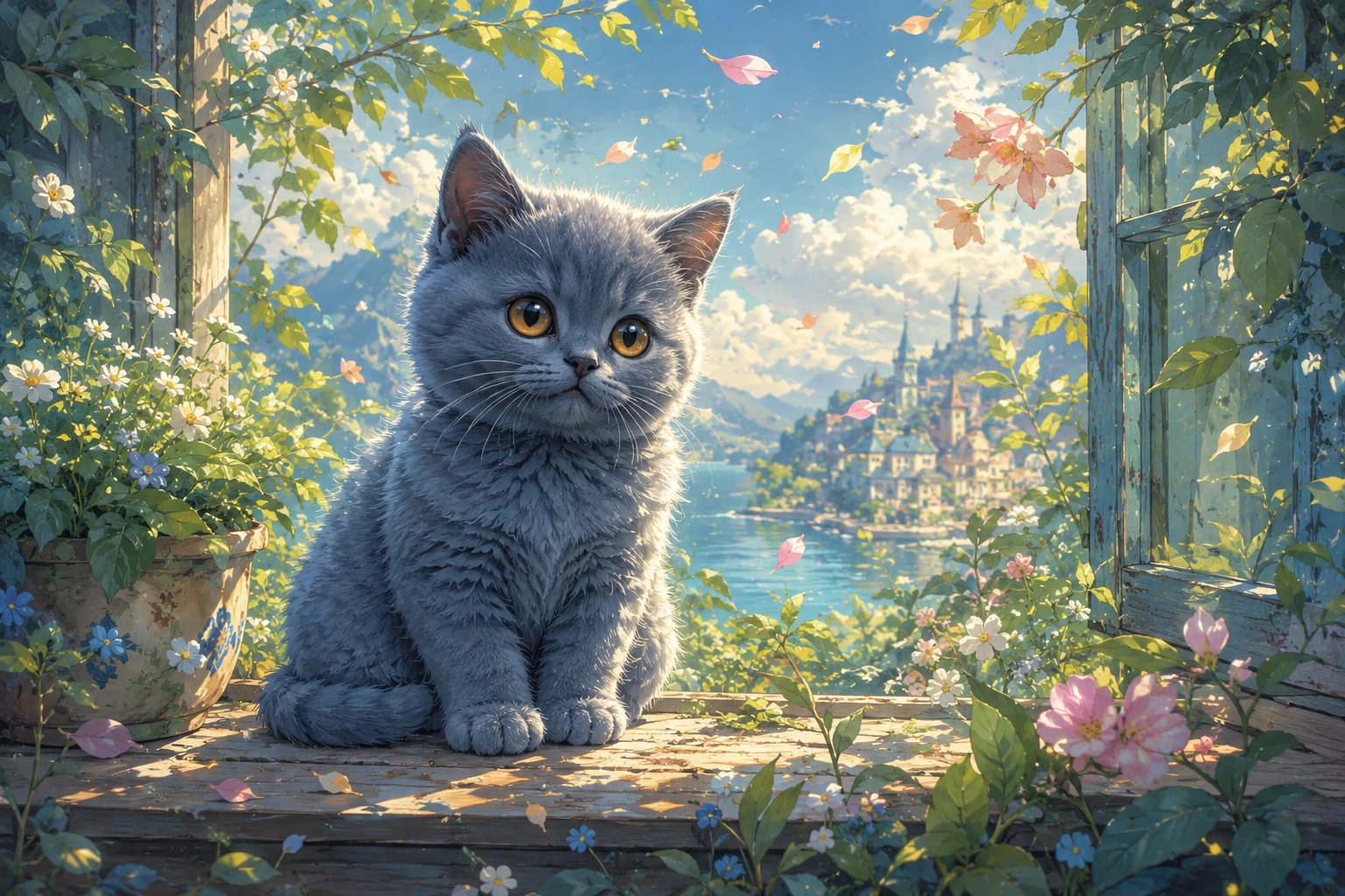 Adorable chaton british shorthair sur un rebord de fenêtre ensoleillé