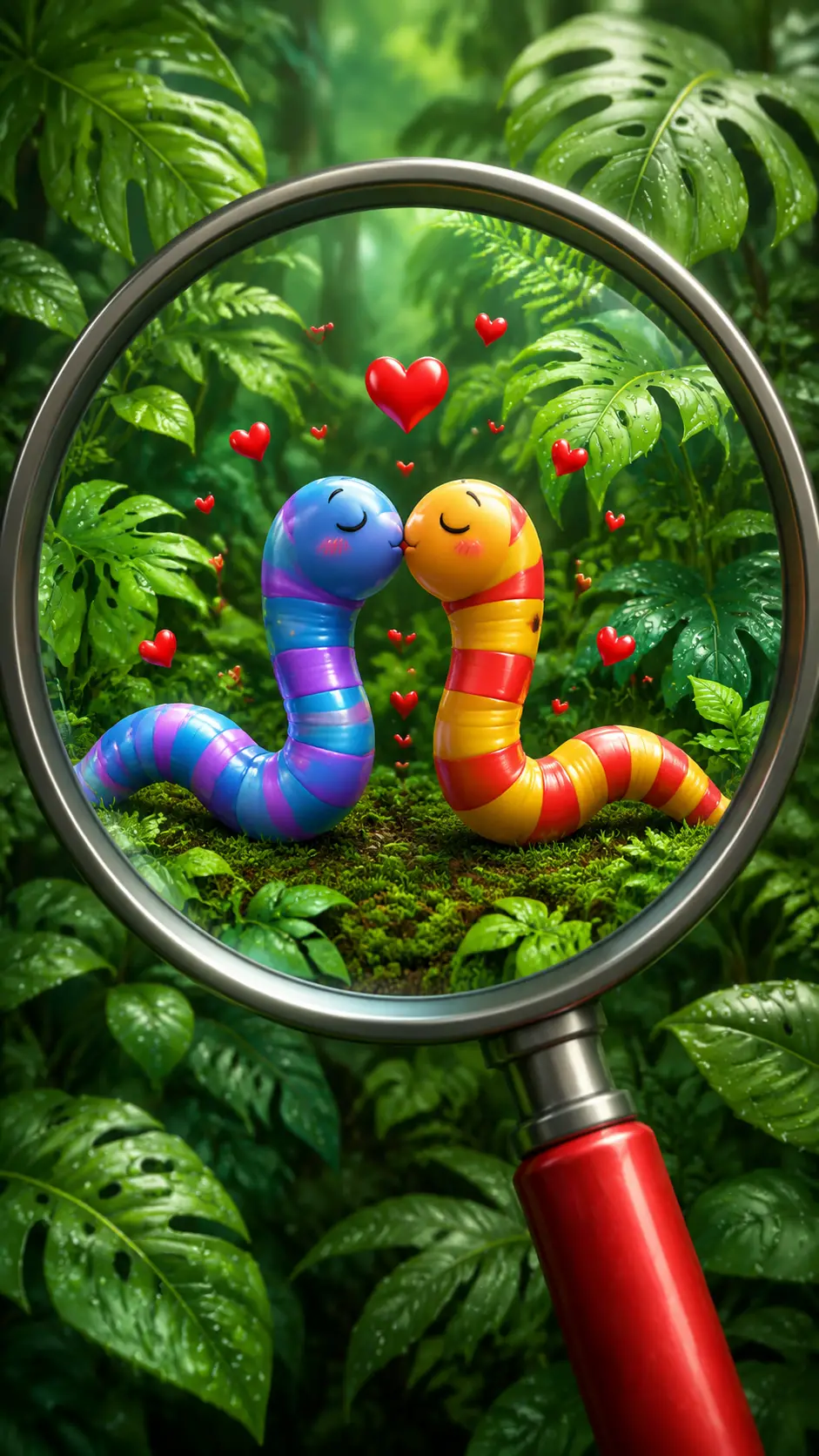 青々としたジャングルでキスをする縞模様の2匹のミミズ