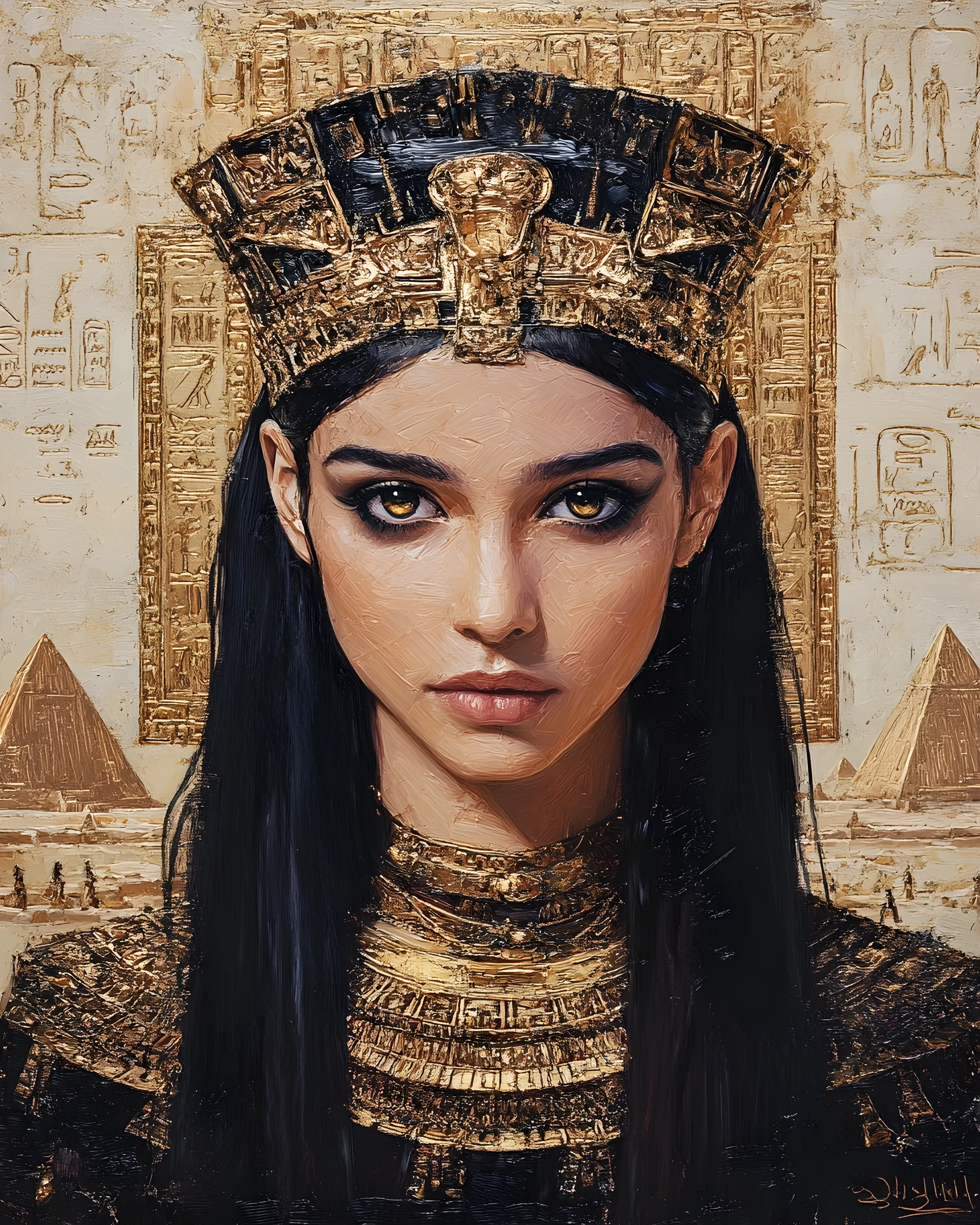 Figura colossale di Cleopatra che si erge come un tempio nel deserto