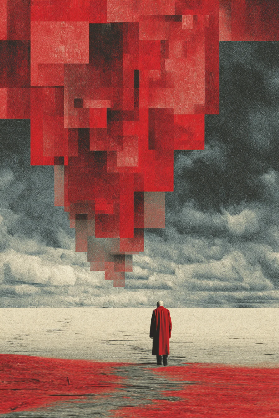 Mulher surreal se dissolvendo em glitch vermelho e granulação suave