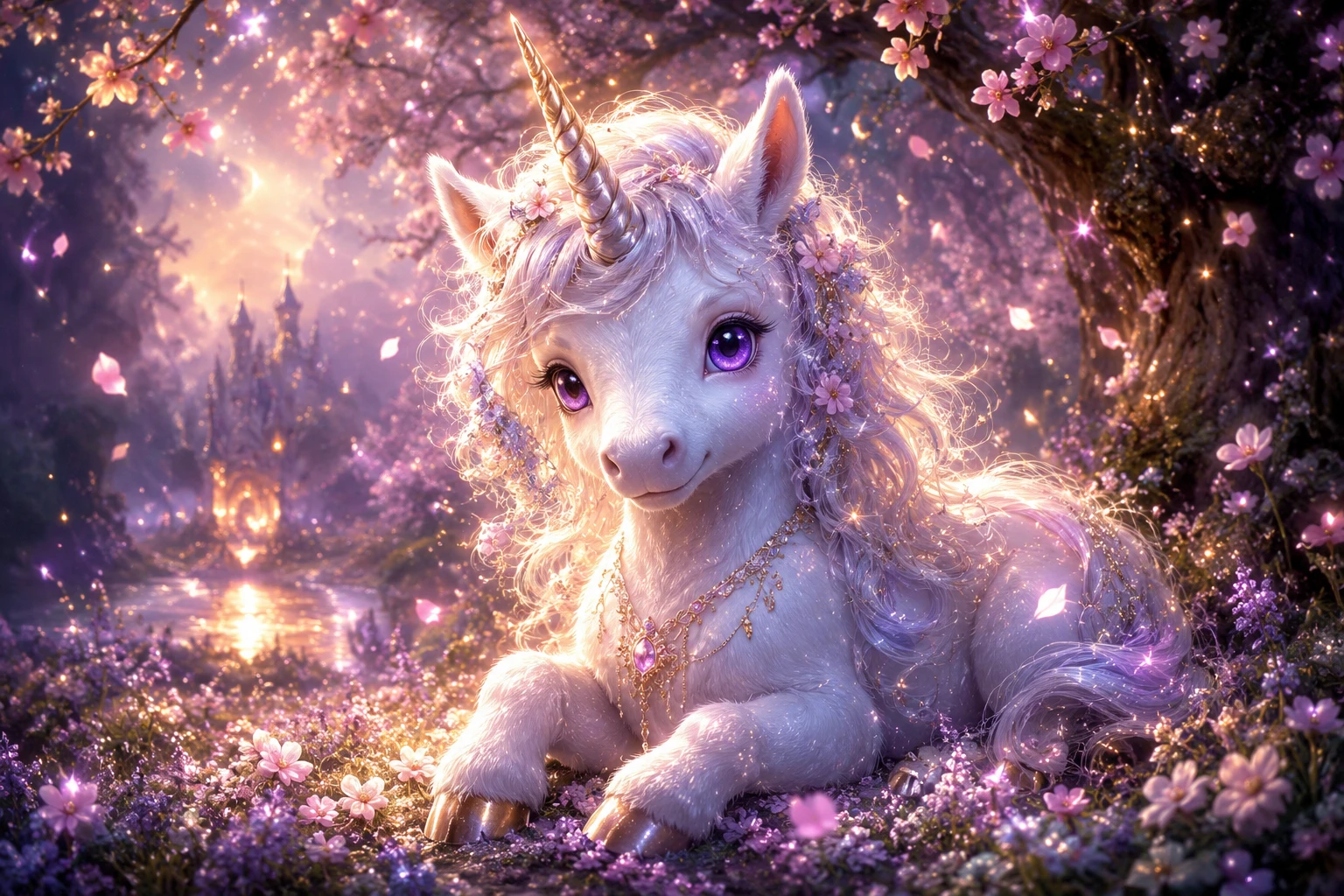 Dolce unicorno neonato che riposa in un prato di fiori luminosi