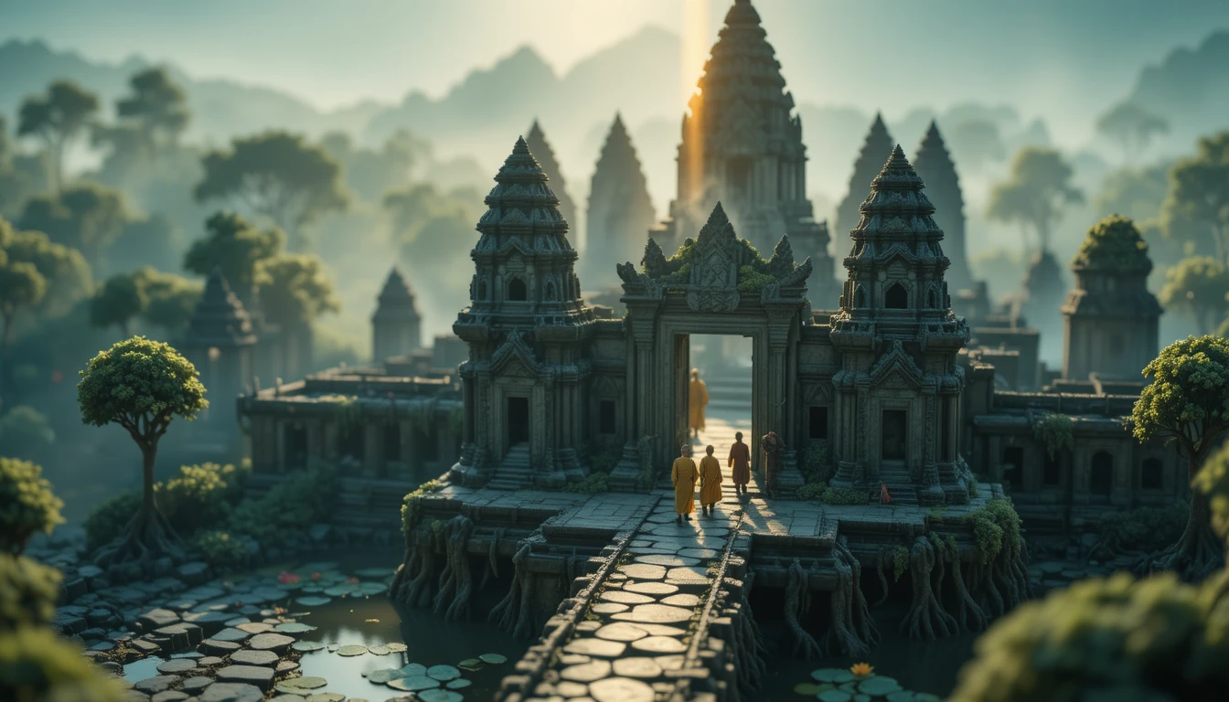 Ruínas em Miniatura do Templo de Angkor Wat ao Primeiro Raio de Luz