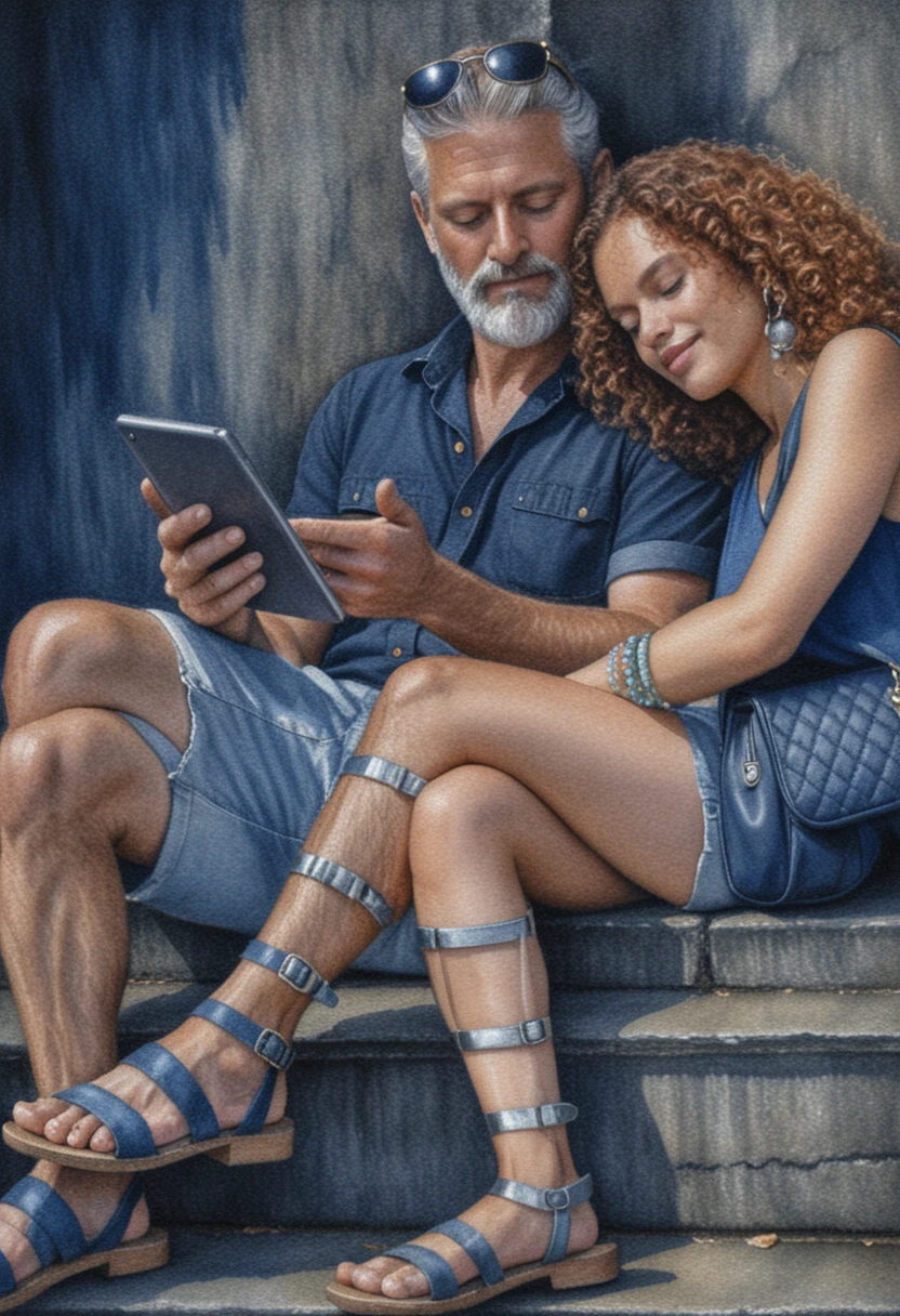 Casal carinhoso em degraus de pedra em desenho a lápis de cor