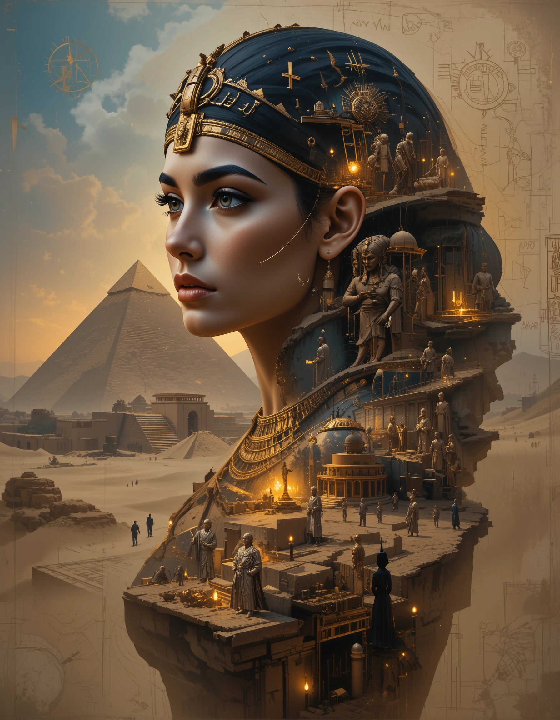 Retrato en impasto de Cleopatra en un paisaje del antiguo Egipto