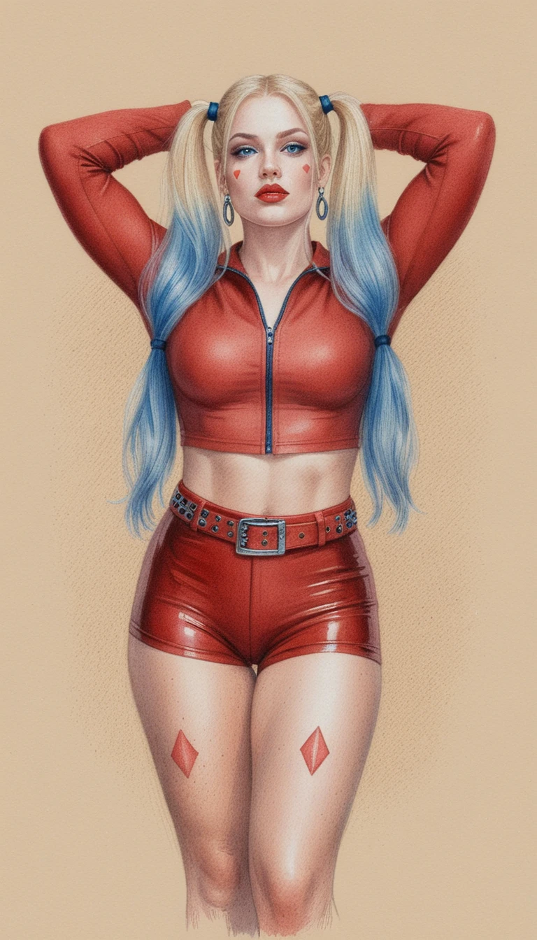 Femme blonde aux formes généreuses en tenue de latex rouge posant avec assurance