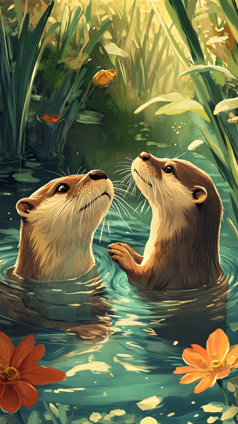 Zwei verspielte Otter schwimmen gemeinsam in einem ruhigen Teich