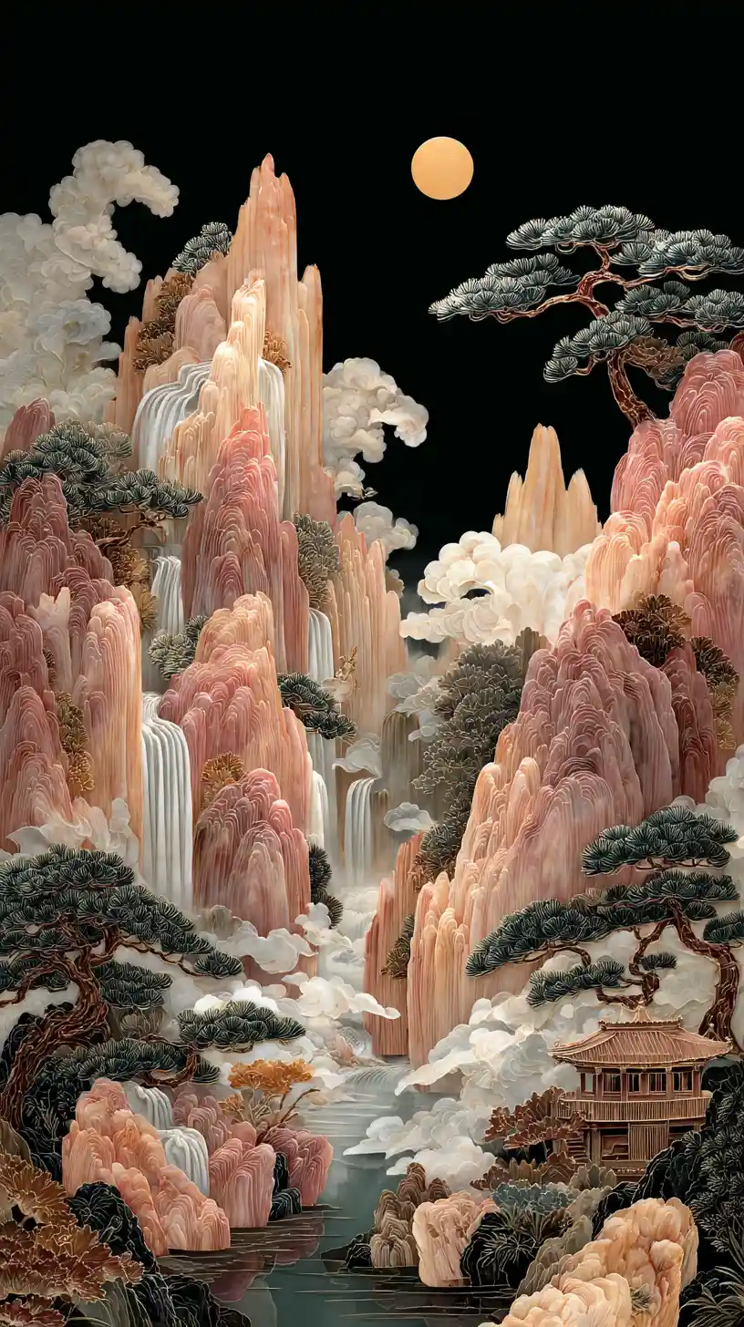 Mother of pearl mountain landscape with moonlit waterfalls