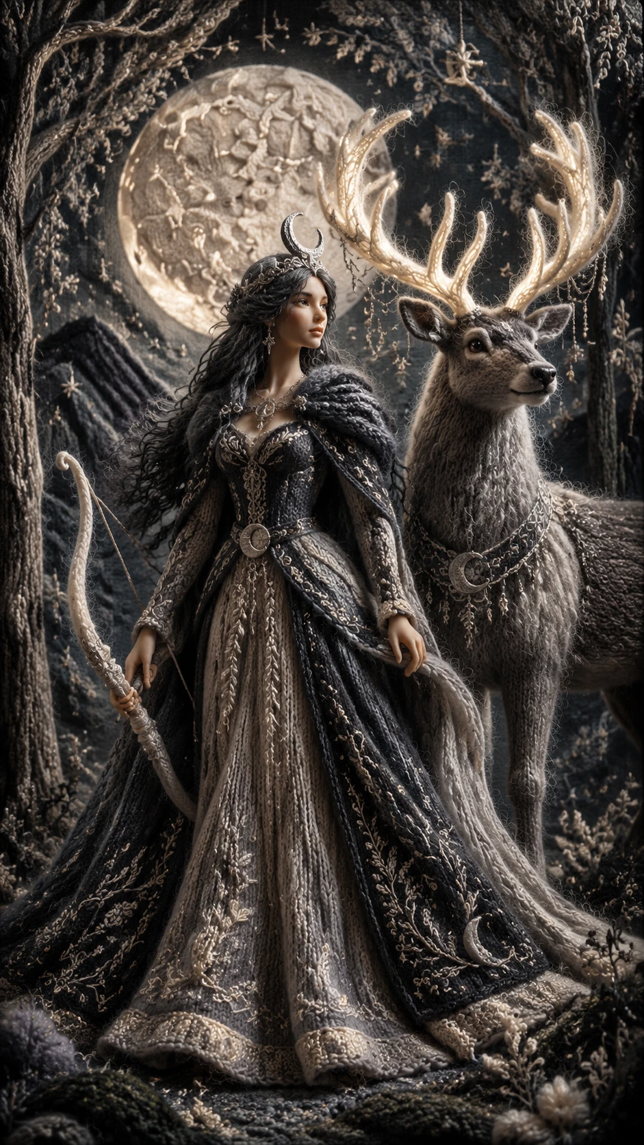 Moonlit huntress with lunar stag in wool fiber art
