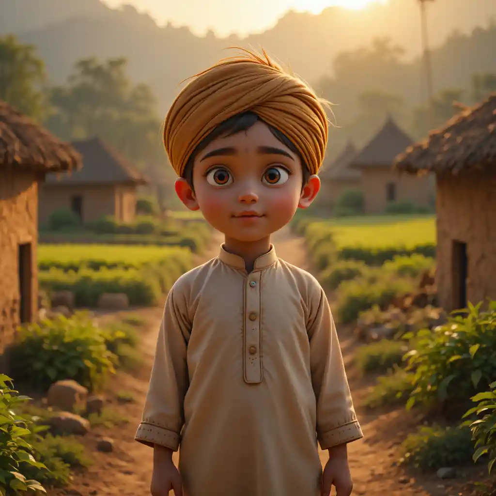 Joven niño punjabí en escena de aldea rural al amanecer