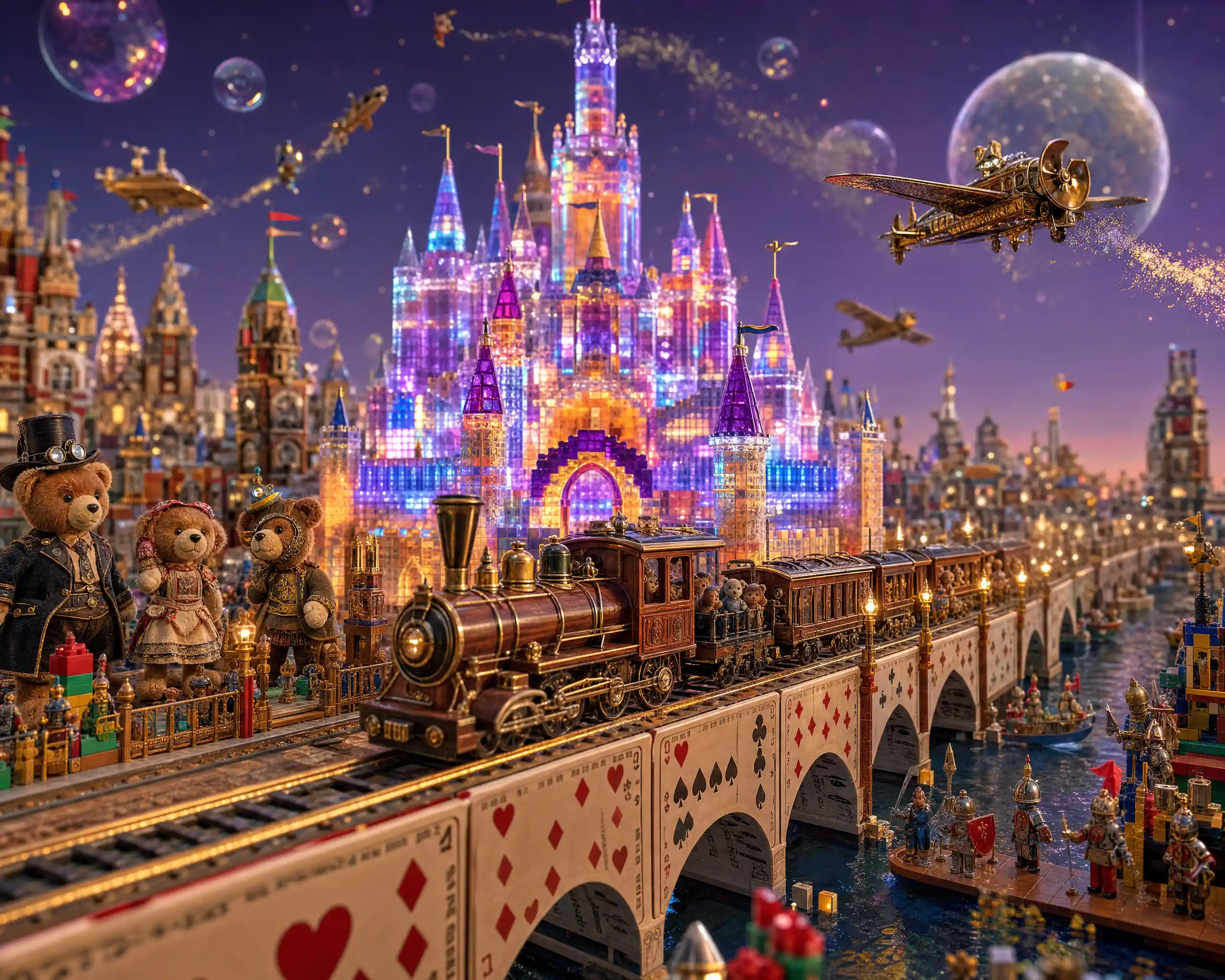 Vibrante metropoli di giocattoli con castello Lego di cristallo luminoso