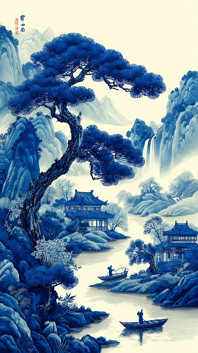 Layered blue ink mountain scene with ancient pine tree