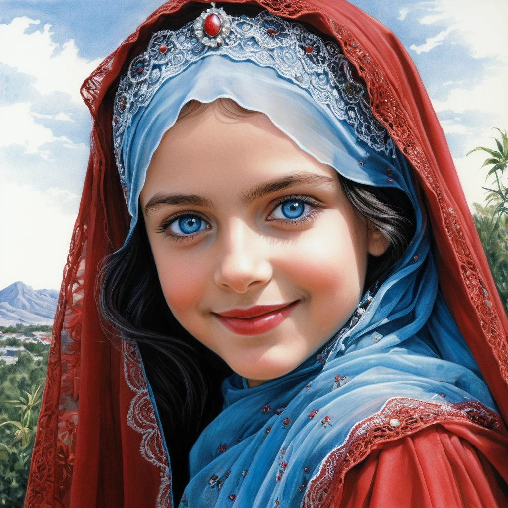 Retrato de menina sorridente de burca vermelha com olhos azuis