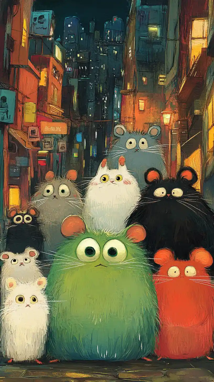 Colorful Cartoon Mice Posing In A Night Cityscape