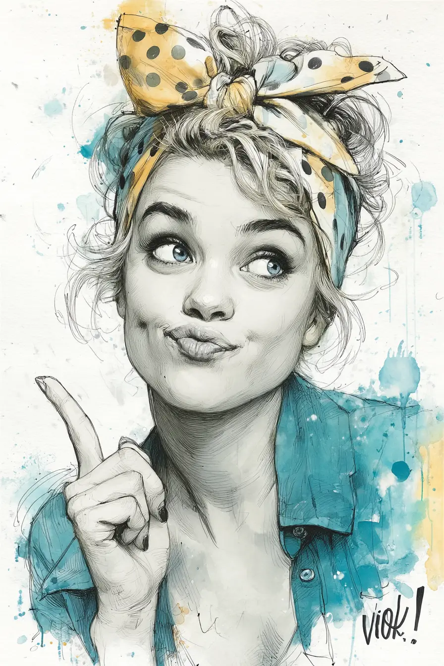 Retrato de chica alegre en delicado trazo y acuarela