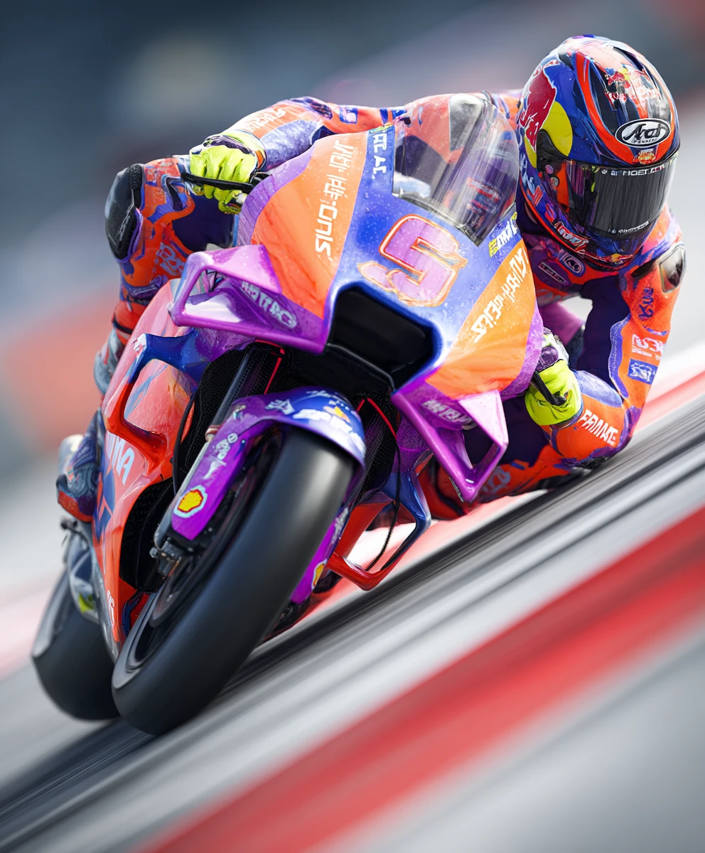 Piloto de MotoGP inclinado ao máximo em curva molhada de circuito