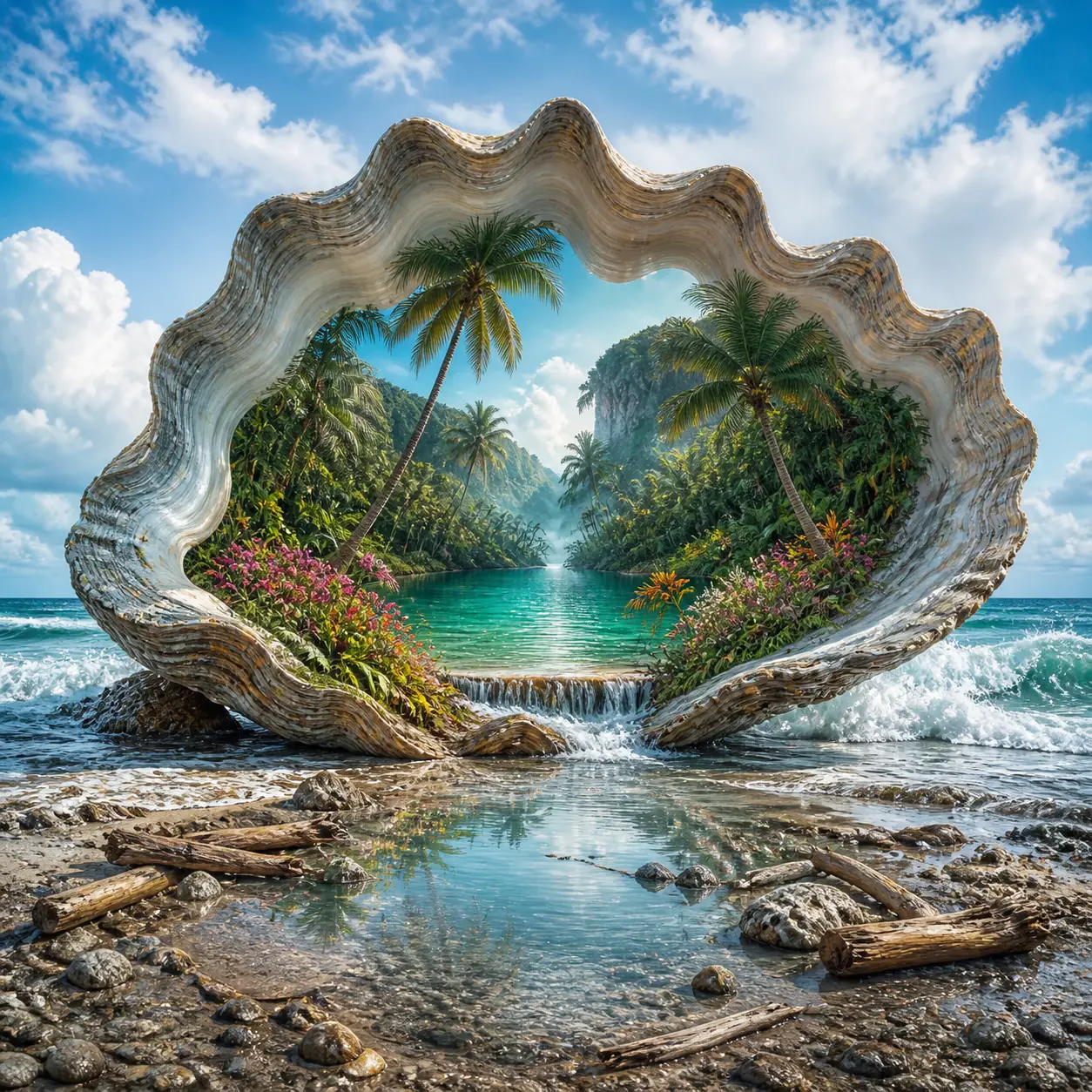 Surrealistische Meereslandschaft mit riesiger Austernschale und Dschungelinnerem