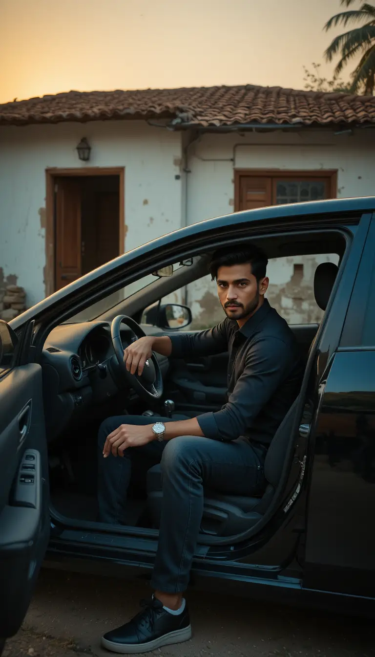 Pakistani man in black car outside old house at sunset