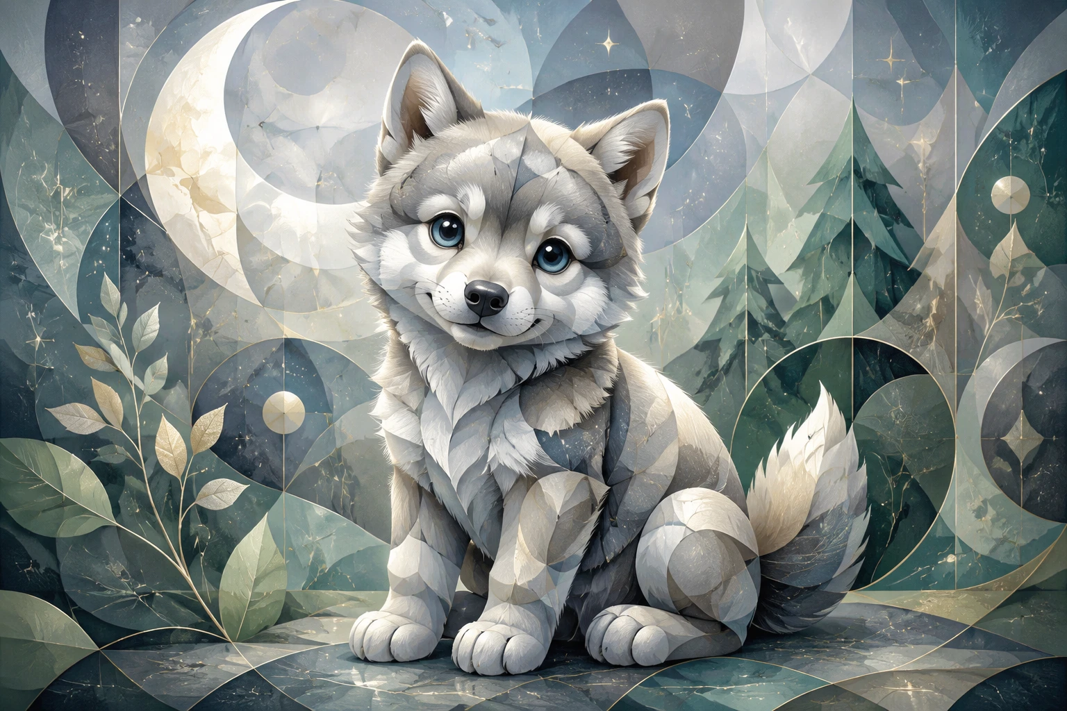 Filhote de lobo geométrico abstrato com fundo em tons pastéis suaves
