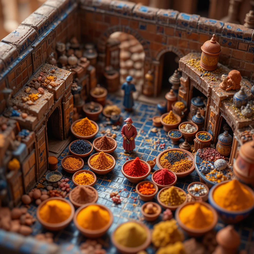 Mercado marroquino em miniatura com efeito tilt-shift em bandeja de azulejos zellige