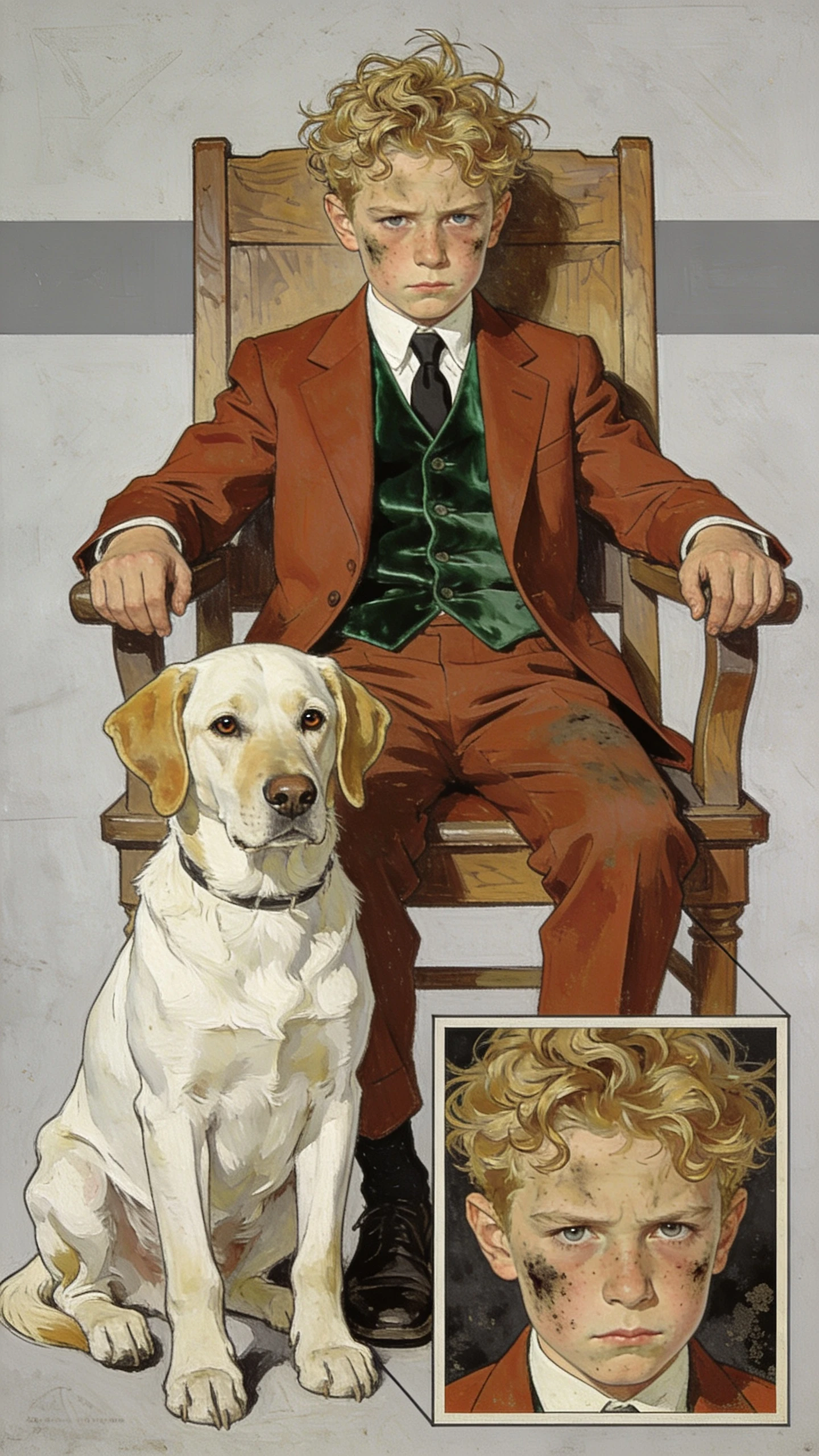 Garçon rebelle en costume couleur rouille assis avec un labrador fidèle