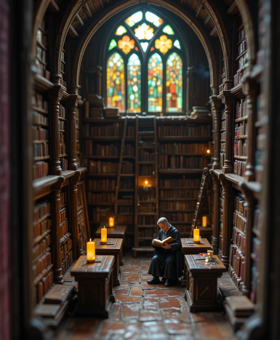 Biblioteca gótica em miniatura esculpida dentro de um livro antigo