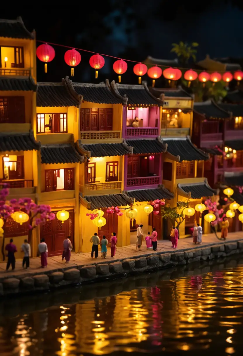 Miniature Hoi An lantern street in a glowing diorama box