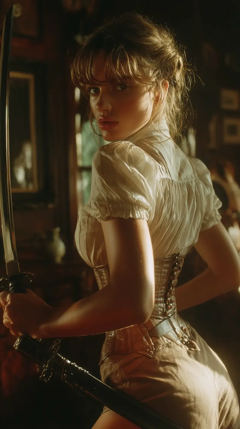 Guerrera con espada japonesa en estilo cinematográfico