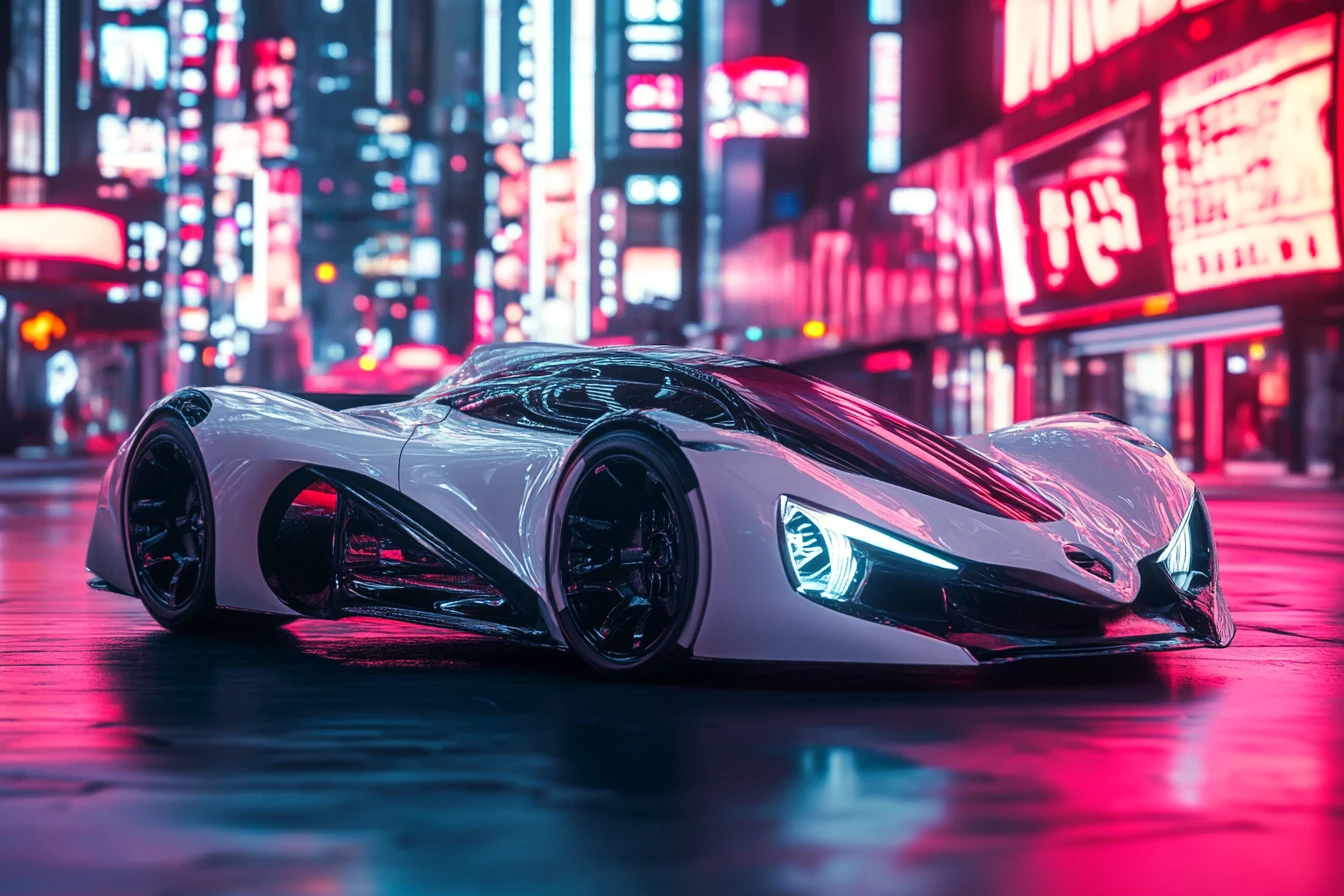 Auto da corsa cyber di lusso futuristica in città al neon