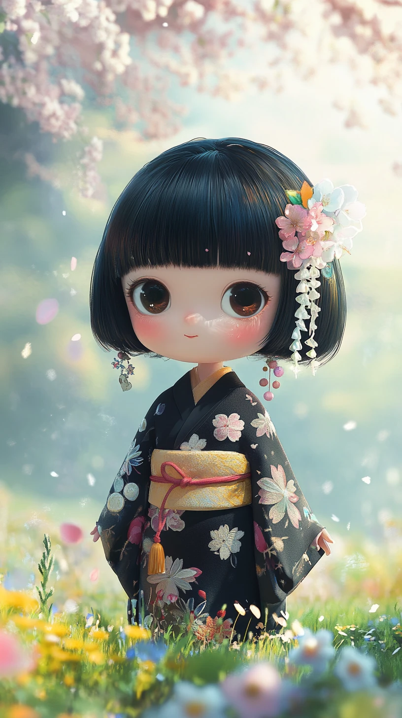 櫻花花園場景中的可愛Q版女孩