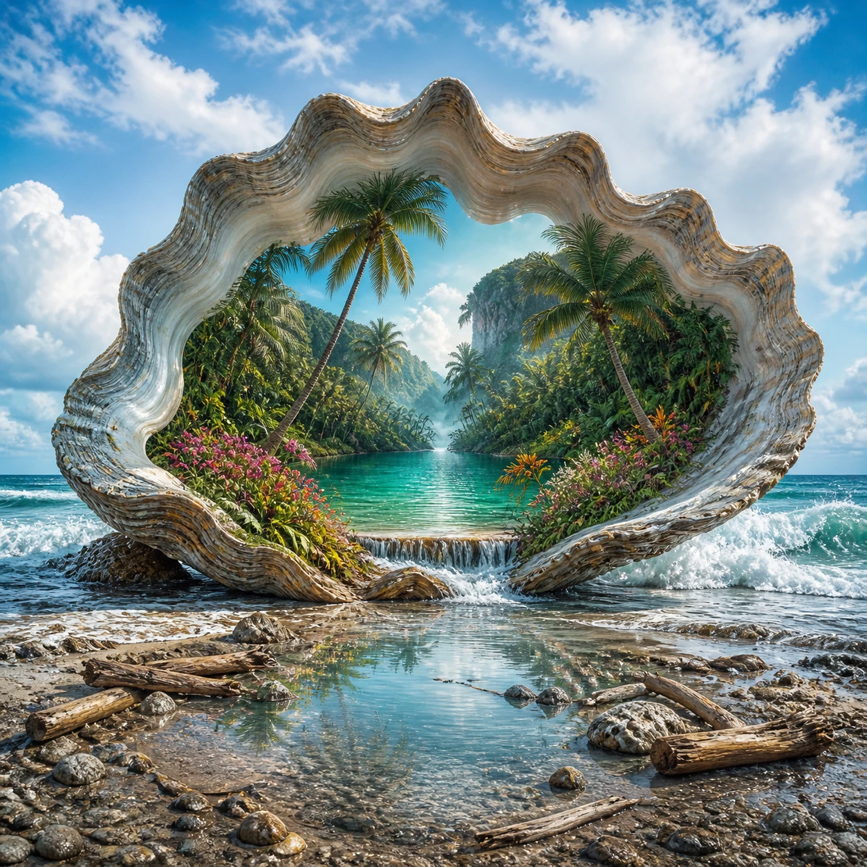 Surreal seascape with giant oyster shell jungle interior