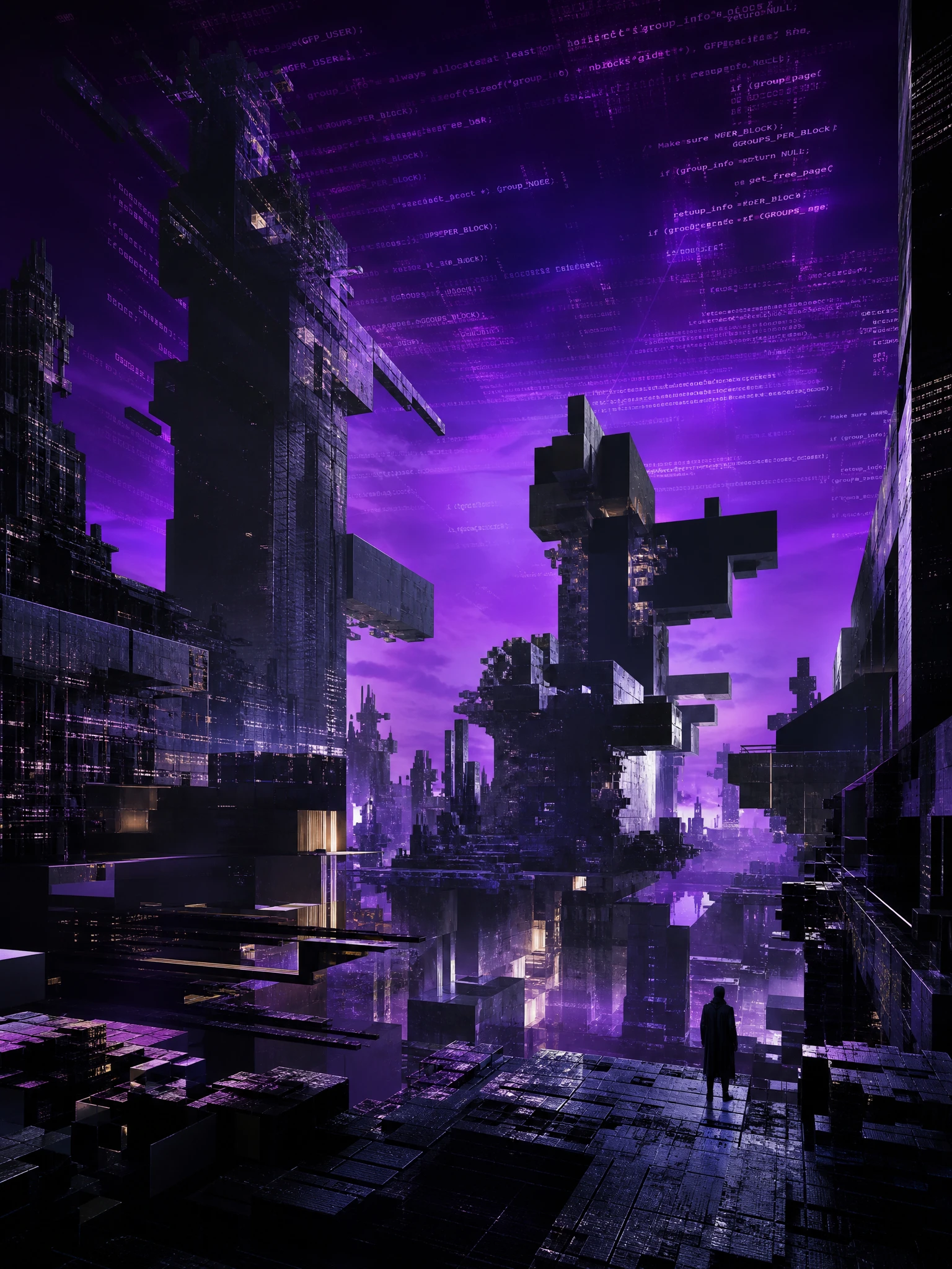 Megacidade sci-fi futurista se dissolvendo em geometria pixelada
