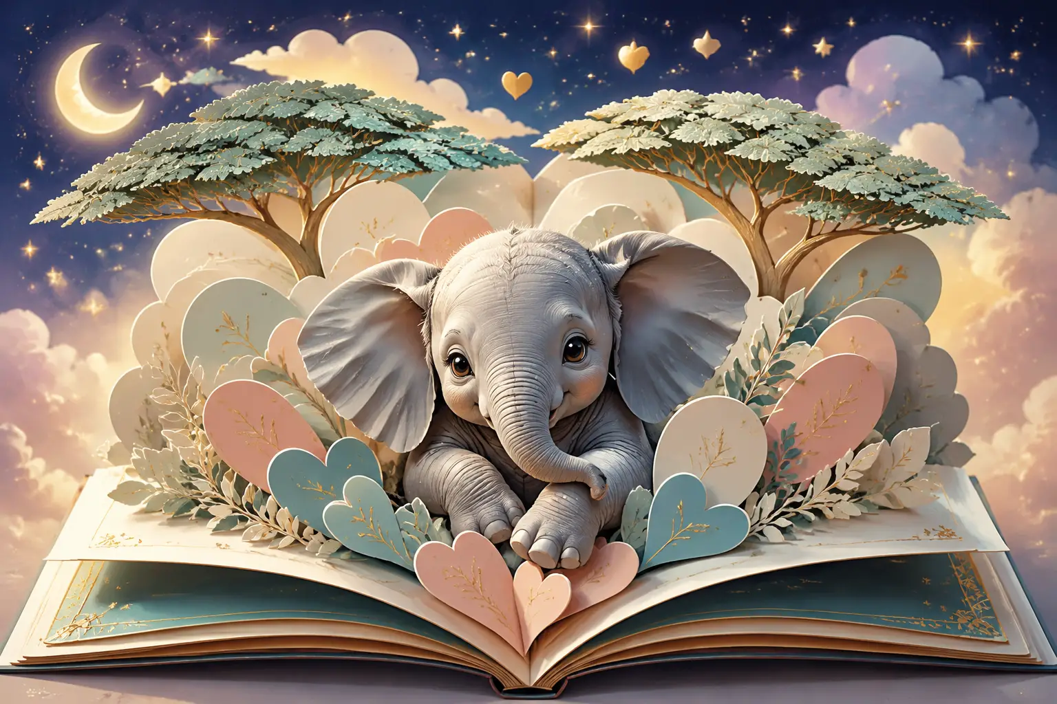 Cute baby elephant in pop up paper cut storybook