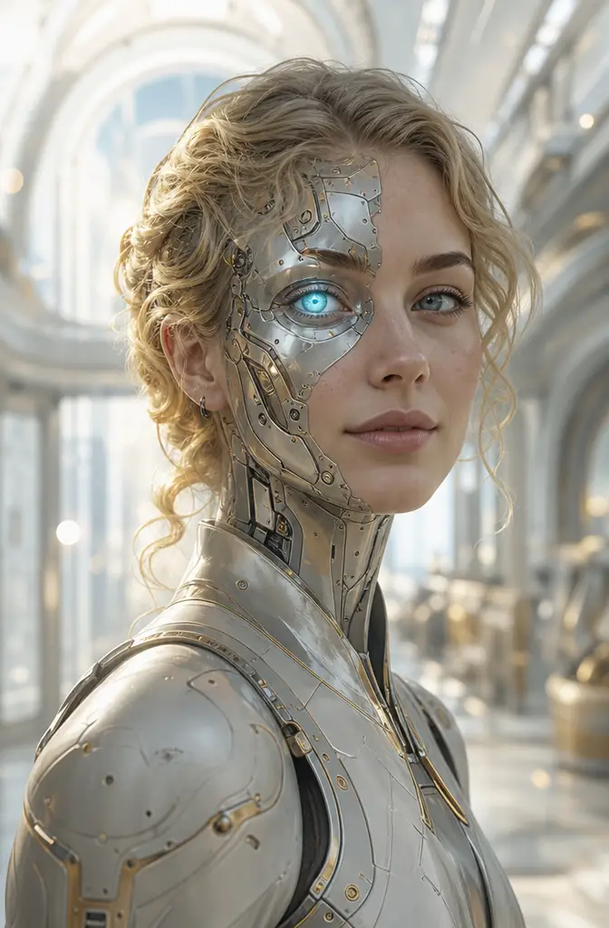 Portrait de femme biomécanique avec œil bionique lumineux