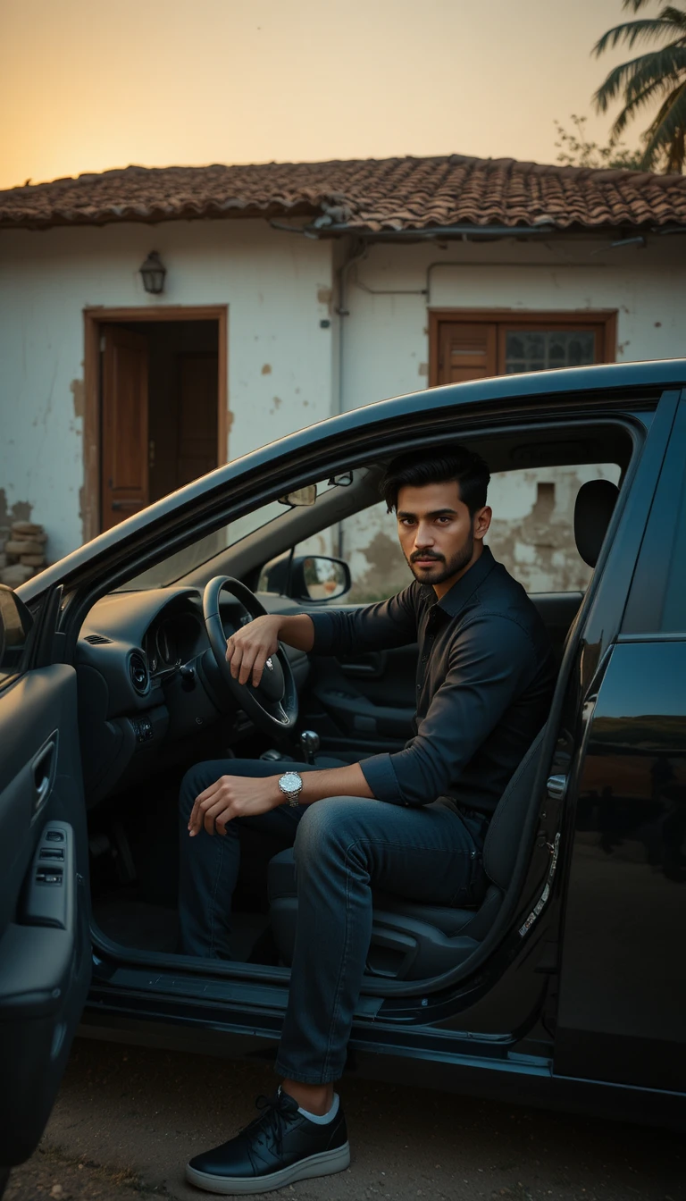 Homem paquistanês em carro preto diante de casa antiga ao pôr do sol