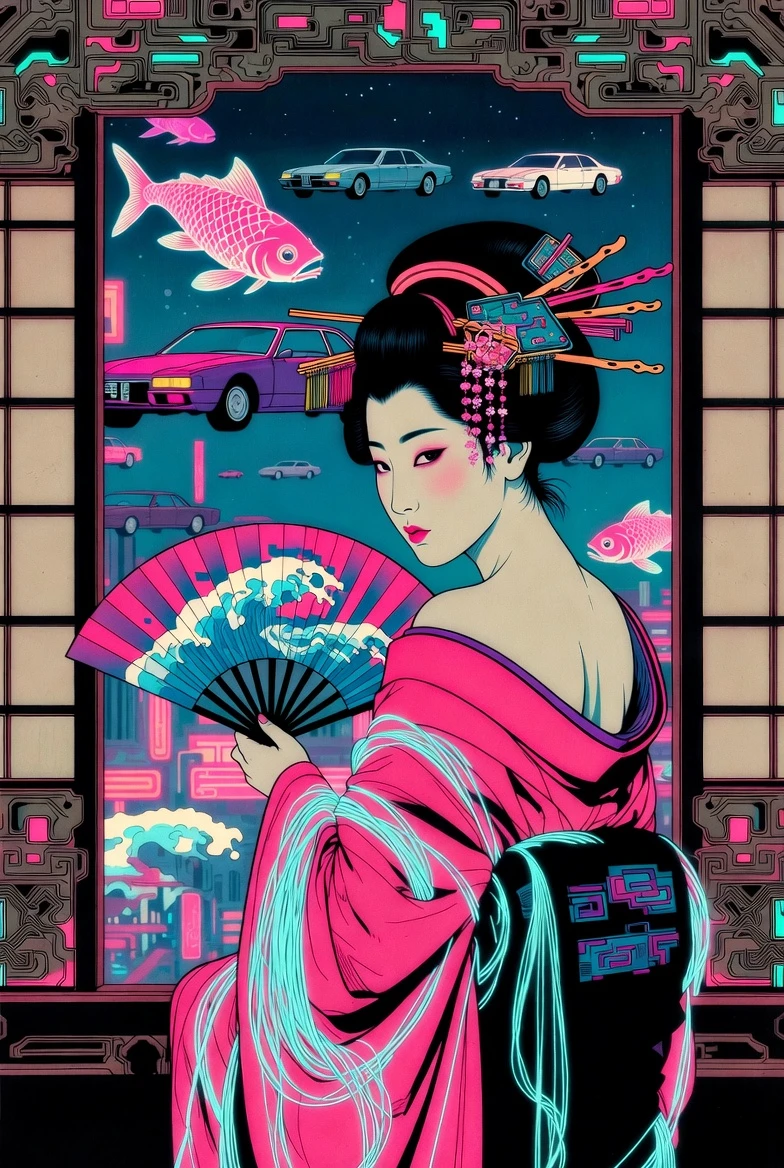 Geisha in futuristischer Stadt mit neonbeleuchteten Cyberpunk-Details