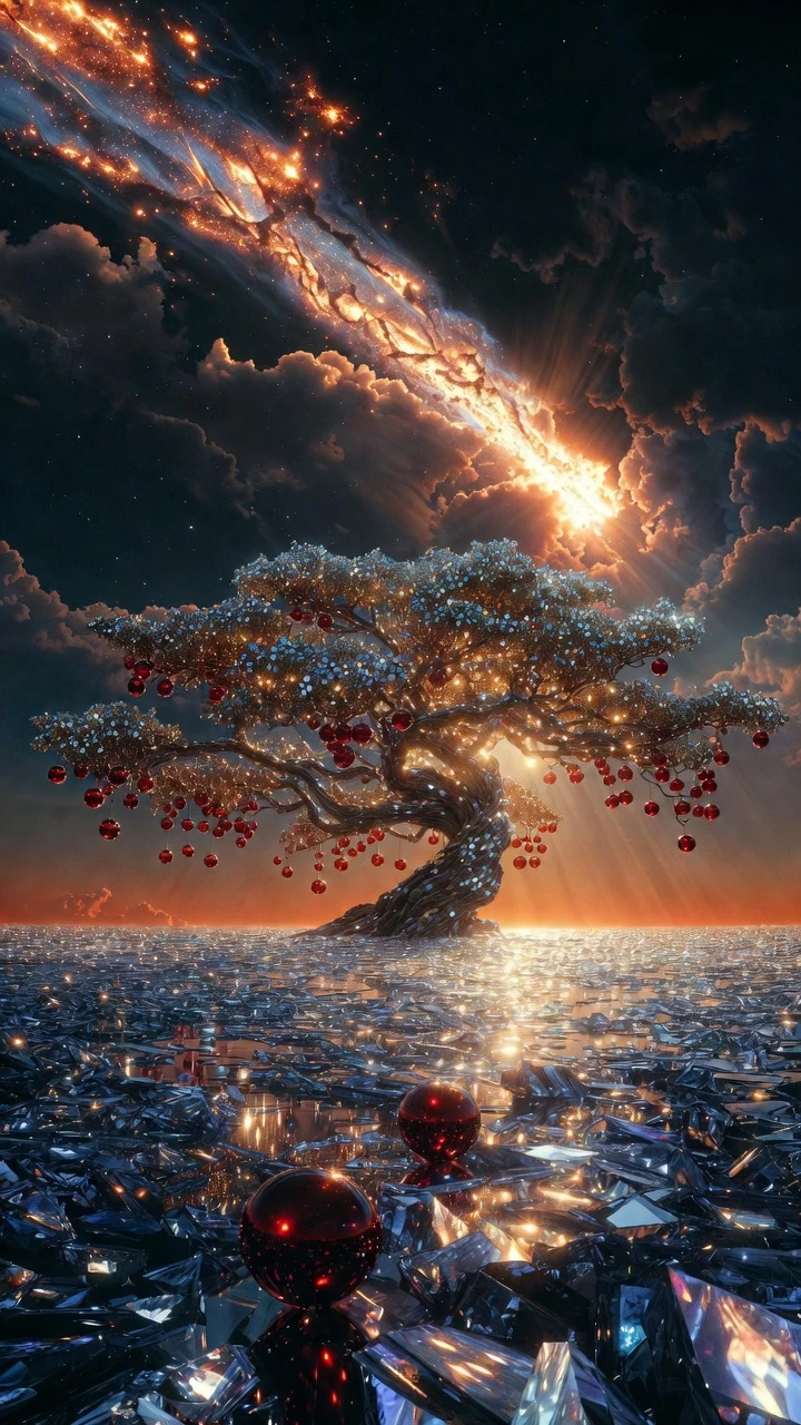 Arbre majestueux en miroir sur une plaine de cristal infinie
