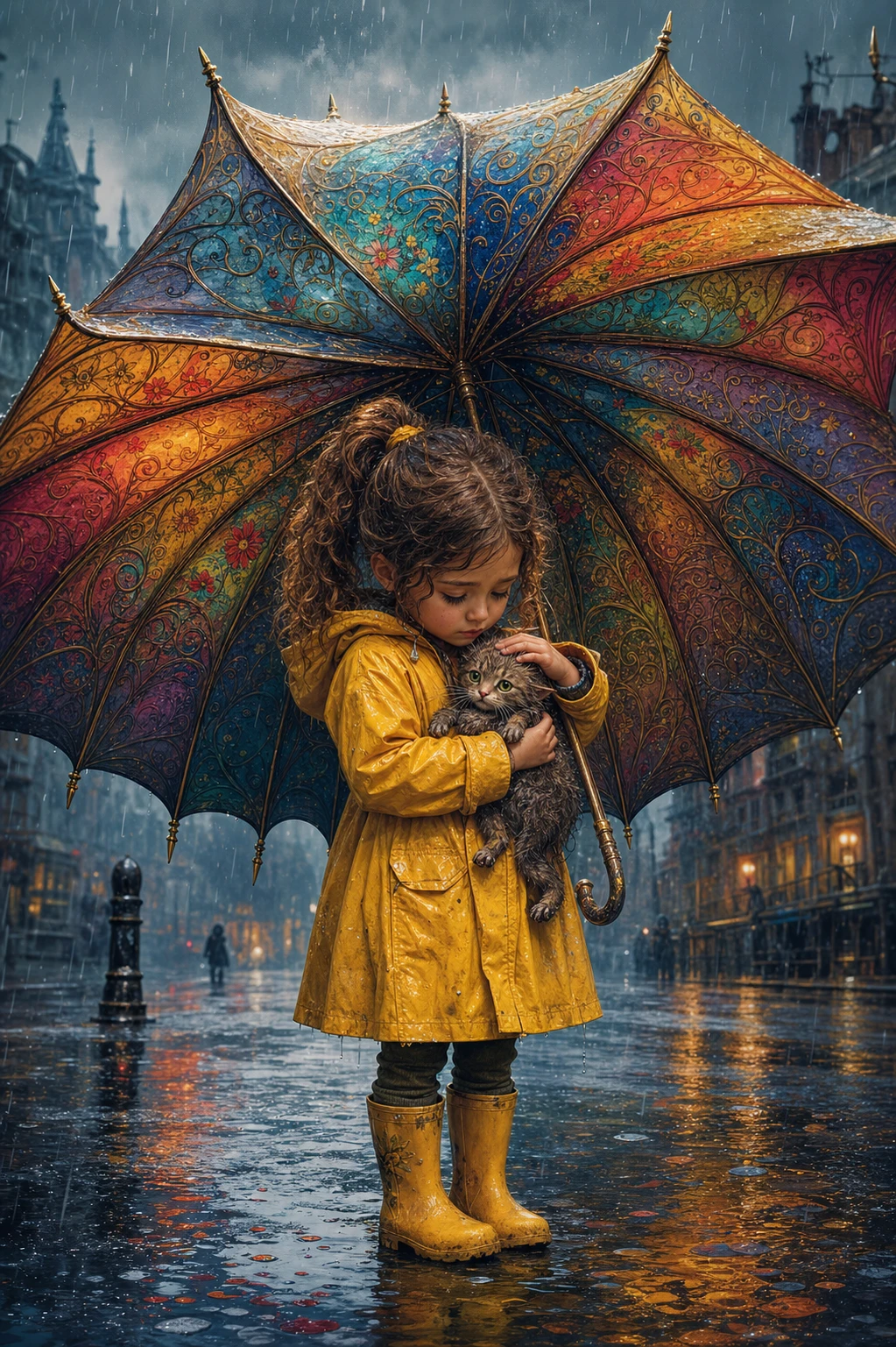 Garota com guarda-chuva segurando filhote de gato em rua chuvosa da cidade